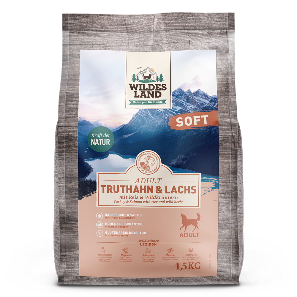 Wildes Land - Hund Trockenfutter - Soft Adult Truthahn und Lachs mit Reis und Wildkräutern